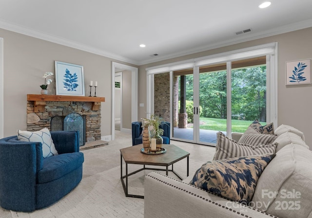 3815 Stoney Ridge Trl, Charlotte, NC 28210 - living room with crown molding, recessed lighting, a stone fireplace, and baseboards
