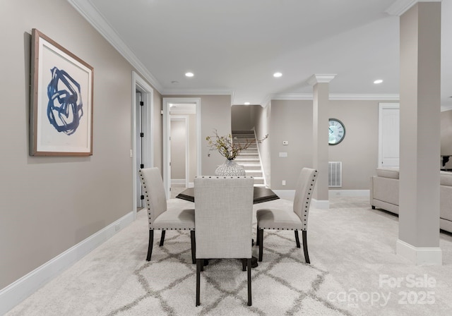 3815 Stoney Ridge Trl, Charlotte, NC 28210 - dining space featuring recessed lighting, ornamental molding, carpet, baseboards, and stairs