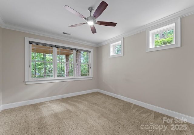 3815 Stoney Ridge Trl, Charlotte, NC 28210 - carpeted empty room with baseboards, crown molding, and a ceiling fan