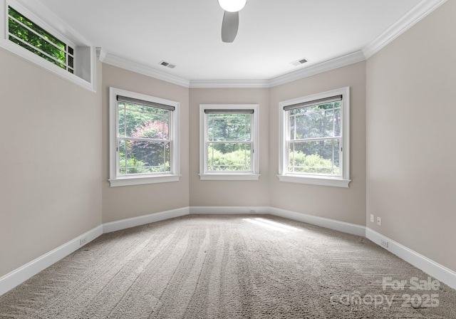 3815 Stoney Ridge Trl, Charlotte, NC 28210 - unfurnished room featuring ornamental molding, carpet, healthy amount of natural light, ceiling fan, and baseboards