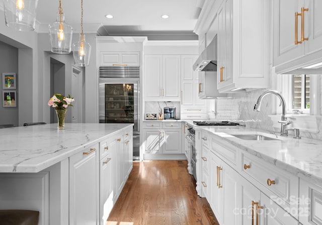 12835 Ninebark Trl, Charlotte, NC 28278 - kitchen featuring a sink, exhaust hood, wood finished floors, white cabinets, and backsplash