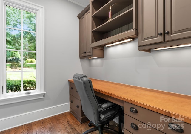 12835 Ninebark Trl, Charlotte, NC 28278 - office area with baseboards, dark wood finished floors, and crown molding