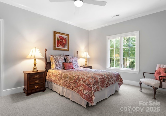 12835 Ninebark Trl, Charlotte, NC 28278 - bedroom featuring light colored carpet, crown molding, baseboards, and ceiling fan