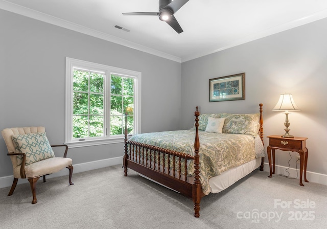 12835 Ninebark Trl, Charlotte, NC 28278 - bedroom with baseboards, crown molding, light colored carpet, and ceiling fan