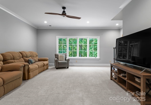 12835 Ninebark Trl, Charlotte, NC 28278 - carpeted living room with a ceiling fan, ornamental molding, baseboards, and recessed lighting