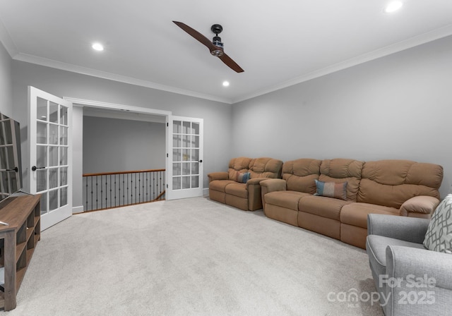 12835 Ninebark Trl, Charlotte, NC 28278 - carpeted living room featuring french doors, ceiling fan, ornamental molding, recessed lighting, and baseboards