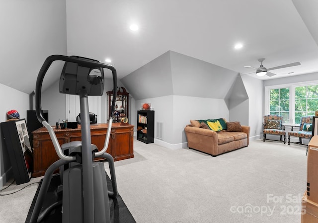 12835 Ninebark Trl, Charlotte, NC 28278 - workout room with a ceiling fan, light colored carpet, recessed lighting, baseboards, and lofted ceiling