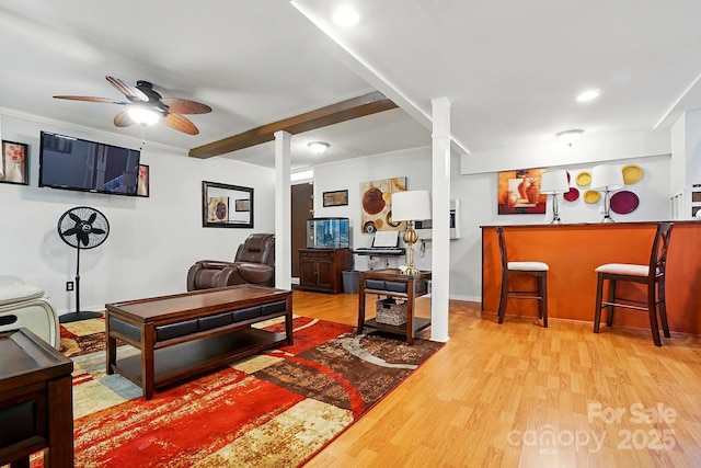 6221 Thermal Rd, Charlotte, NC 28211 - living room featuring crown molding, wood finished floors, ceiling fan, recessed lighting, and a bar
