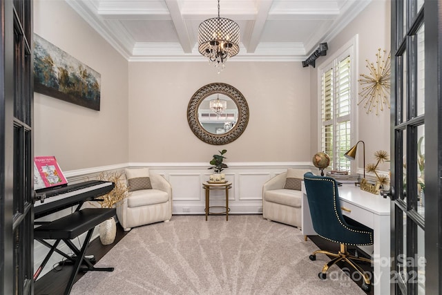 16109 Reynolds Dr, Indian Land, SC 29707 - carpeted office with a chandelier, coffered ceiling, beam ceiling, ornamental molding, and wainscoting