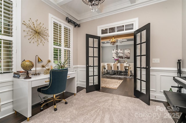 16109 Reynolds Dr, Indian Land, SC 29707 - home office featuring french doors, a chandelier, crown molding, wood finished floors, and a wainscoted wall