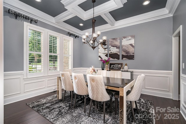 16109 Reynolds Dr, Indian Land, SC 29707 - dining room with crown molding, beam ceiling, dark wood-style floors, a chandelier, and wainscoting
