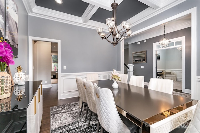 16109 Reynolds Dr, Indian Land, SC 29707 - dining space featuring a chandelier, ornamental molding, dark wood-style floors, beamed ceiling, and wainscoting