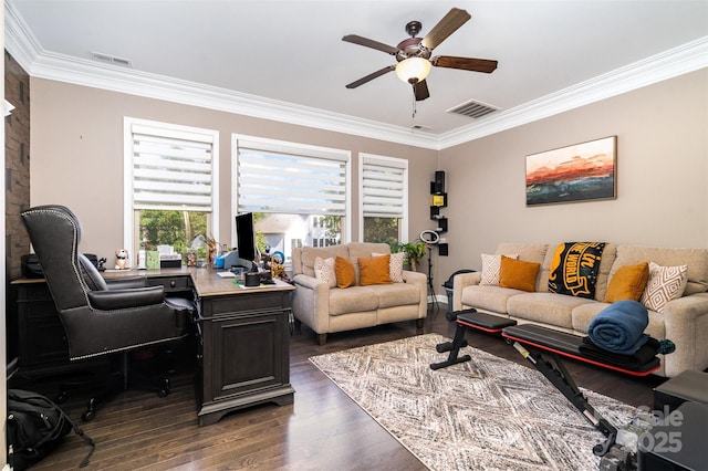 16109 Reynolds Dr, Indian Land, SC 29707 - living room with crown molding, a ceiling fan, dark wood finished floors, and a desk