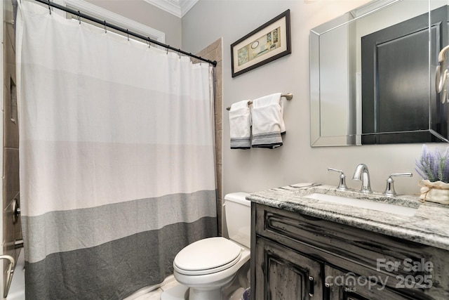 16109 Reynolds Dr, Indian Land, SC 29707 - full bath with ornamental molding, toilet, vanity, and curtained shower