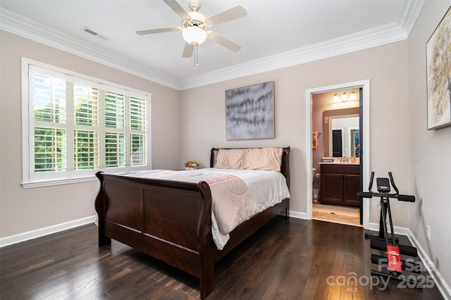 16109 Reynolds Dr, Indian Land, SC 29707 - bedroom with crown molding, baseboards, dark wood-style flooring, connected bathroom, and ceiling fan