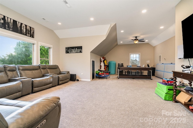 16109 Reynolds Dr, Indian Land, SC 29707 - carpeted living room with lofted ceiling, recessed lighting, a ceiling fan, and baseboards