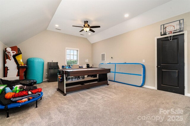 16109 Reynolds Dr, Indian Land, SC 29707 - recreation room featuring lofted ceiling, ceiling fan, carpet flooring, recessed lighting, and baseboards
