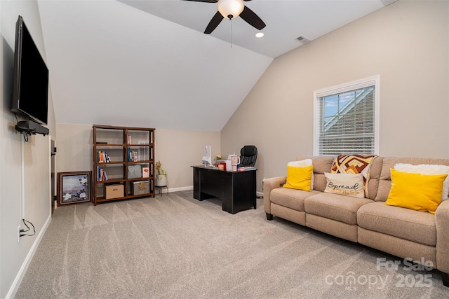 16109 Reynolds Dr, Indian Land, SC 29707 - carpeted office featuring ceiling fan, vaulted ceiling, baseboards, and recessed lighting