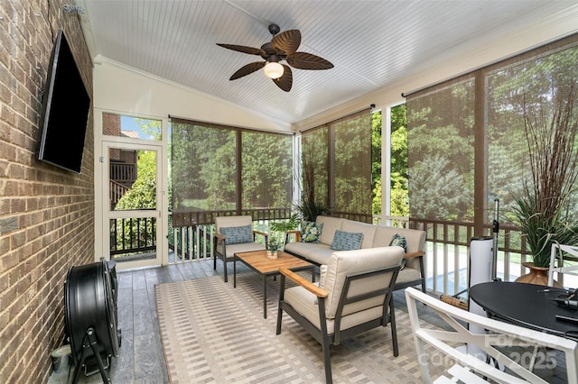 16109 Reynolds Dr, Indian Land, SC 29707 - sunroom featuring a ceiling fan, outdoor lounge area, healthy amount of natural light, and lofted ceiling