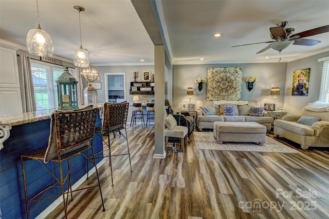 800 Sunset Rd, Cherryville, NC 28021 - living area featuring ornamental molding, wood finished floors, ceiling fan, and recessed lighting