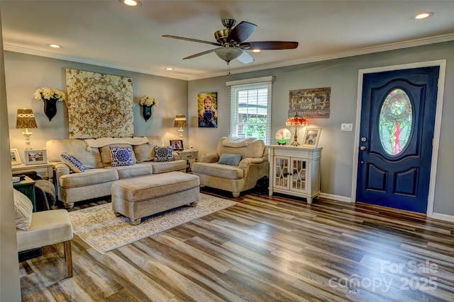 800 Sunset Rd, Cherryville, NC 28021 - living area with a ceiling fan, wood finished floors, recessed lighting, ornamental molding, and baseboards
