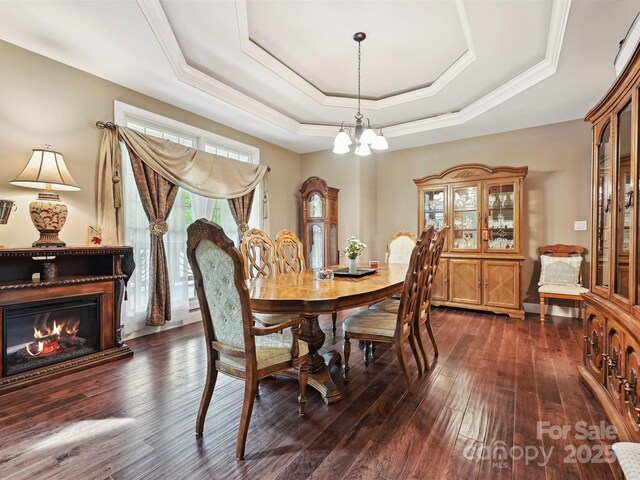 1140 Fern Hill Rd, Mooresville, NC 28117 - dining space with a tray ceiling, dark wood-style flooring, a chandelier, ornamental molding, and a glass covered fireplace