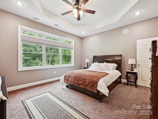 1140 Fern Hill Rd, Mooresville, NC 28117 - bedroom featuring carpet floors, baseboards, a tray ceiling, recessed lighting, and a ceiling fan