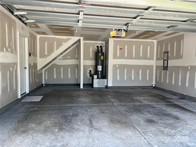 garage featuring electric water heater, electric panel, and a garage door opener