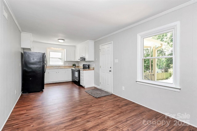 kitchen featuring freestanding refrigerator, electric range oven, under cabinet range hood, light countertops, and dark wood-style floors
