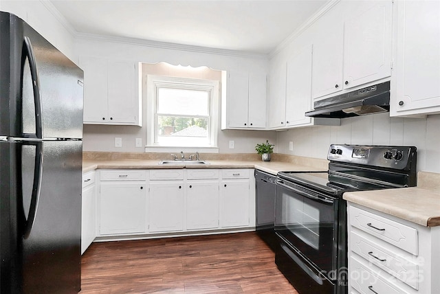 kitchen featuring a sink, white cabinets, dark wood finished floors, black appliances, and under cabinet range hood
