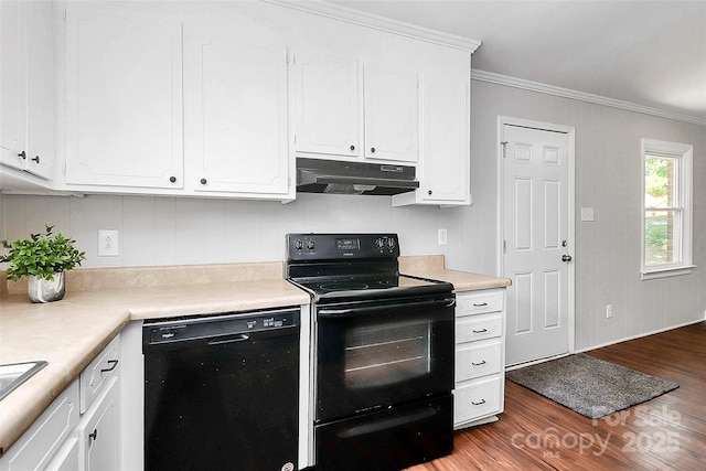 kitchen with under cabinet range hood, dark wood-type flooring, white cabinets, and black appliances