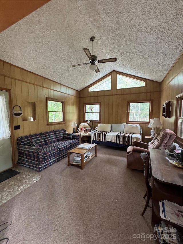 carpeted living room featuring plenty of natural light, ceiling fan, and a textured ceiling