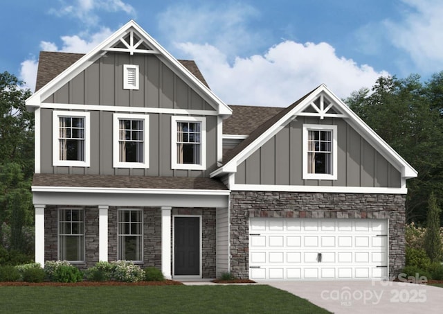 905 Barker St, Monroe, NC 28112 - view of front of house with board and batten siding, a shingled roof, driveway, stone siding, and a front lawn