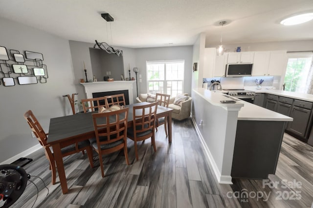 dining room with a wealth of natural light, baseboards, dark wood-style floors, and a glass covered fireplace