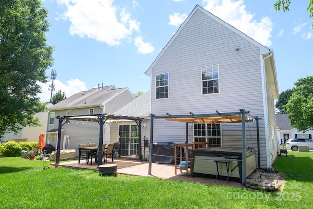 back of property featuring a hot tub, a pergola, and a yard