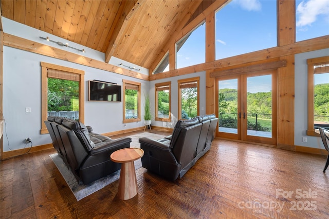 55 Maynards Way, Hendersonville, NC 28792 - living room featuring baseboards, french doors, high vaulted ceiling, wood finished floors, and beam ceiling