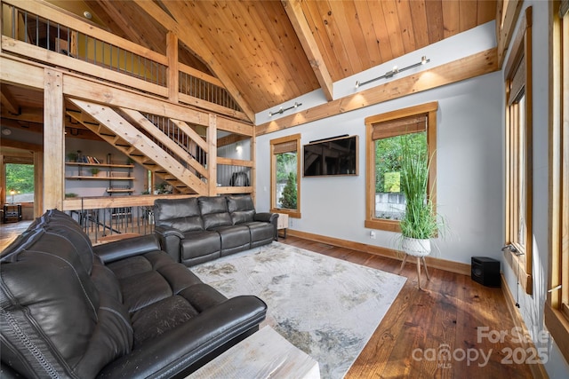 55 Maynards Way, Hendersonville, NC 28792 - living room featuring baseboards, wood ceiling, hardwood / wood-style flooring, high vaulted ceiling, and beamed ceiling