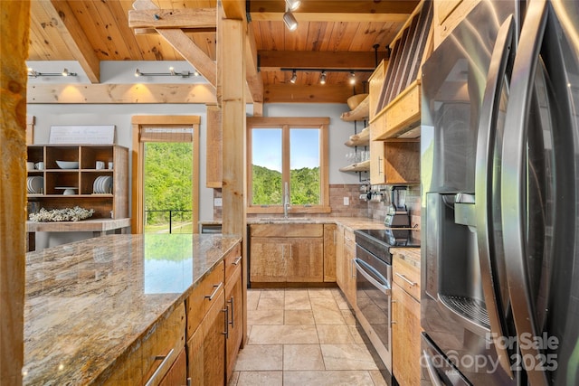 55 Maynards Way, Hendersonville, NC 28792 - kitchen with appliances with stainless steel finishes, wooden ceiling, rail lighting, beamed ceiling, and decorative backsplash