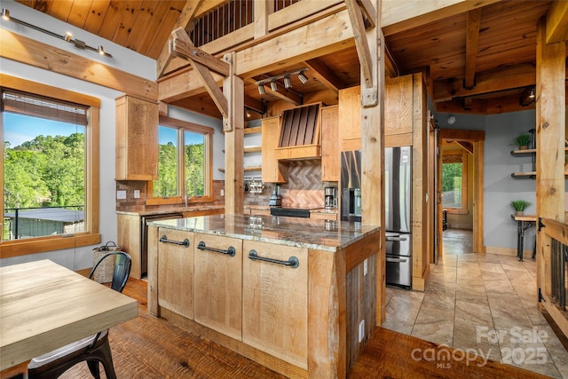 55 Maynards Way, Hendersonville, NC 28792 - kitchen with a kitchen island, decorative backsplash, dishwasher, wooden ceiling, and dark stone counters