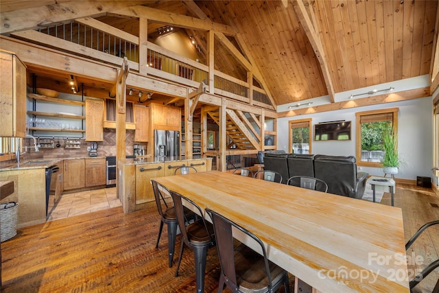 55 Maynards Way, Hendersonville, NC 28792 - dining room with high vaulted ceiling, light wood-style floors, wooden ceiling, and beam ceiling