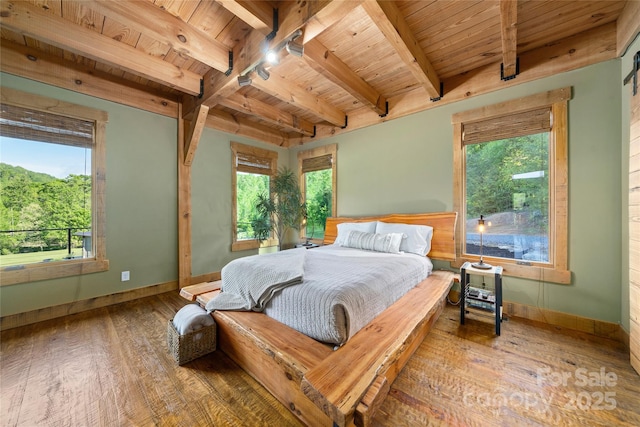 55 Maynards Way, Hendersonville, NC 28792 - bedroom featuring wooden ceiling, wood finished floors, baseboards, and beamed ceiling