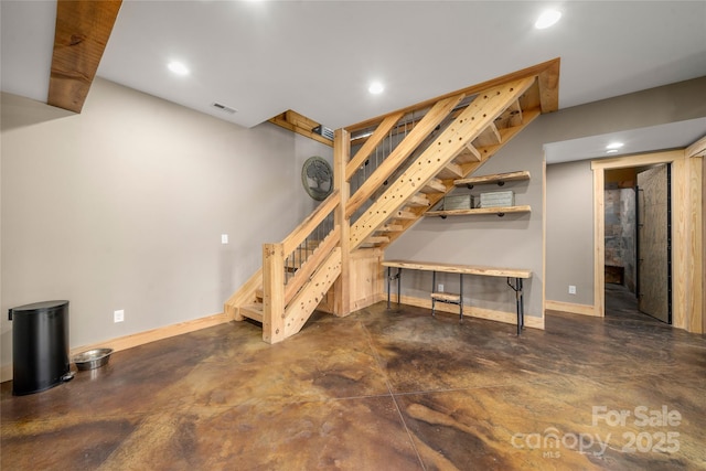 55 Maynards Way, Hendersonville, NC 28792 - basement featuring stairway, baseboards, and recessed lighting