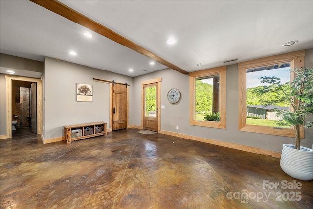 55 Maynards Way, Hendersonville, NC 28792 - foyer with finished concrete floors, recessed lighting, a barn door, baseboards, and beamed ceiling
