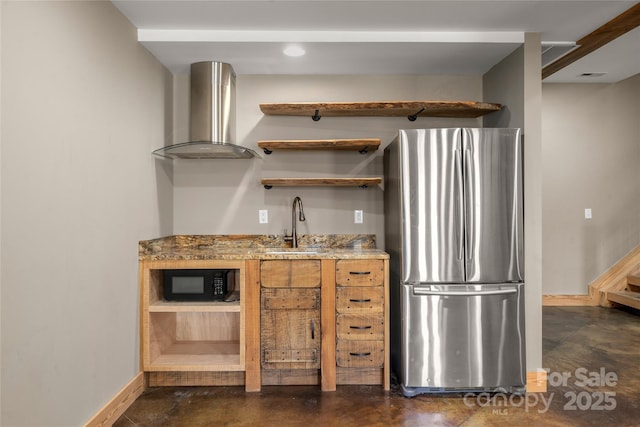 55 Maynards Way, Hendersonville, NC 28792 - indoor wet bar with freestanding refrigerator, black microwave, wall chimney exhaust hood, finished concrete floors, and baseboards