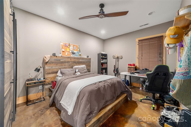 55 Maynards Way, Hendersonville, NC 28792 - bedroom with finished concrete floors, recessed lighting, baseboards, a ceiling fan, and a desk