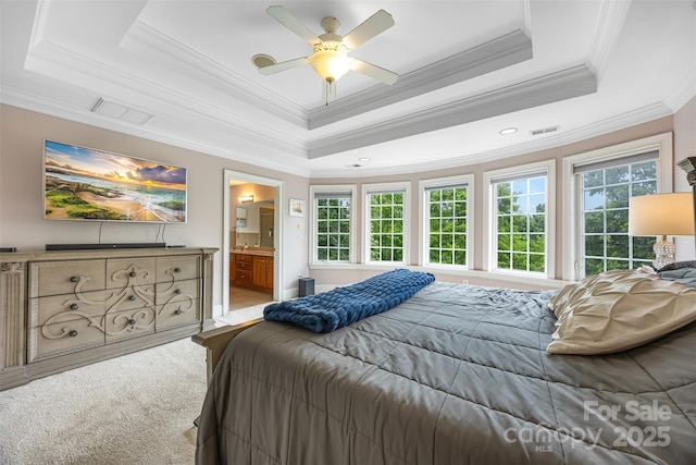 10452 Quiet Bay Ct, Charlotte, NC 28278 - bedroom with crown molding, a tray ceiling, carpet, ceiling fan, and ensuite bathroom