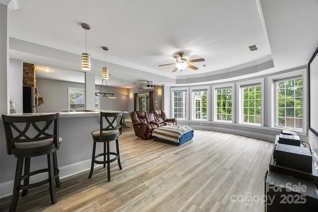 10452 Quiet Bay Ct, Charlotte, NC 28278 - living room featuring light wood-style flooring, a raised ceiling, ceiling fan, ornamental molding, and baseboards