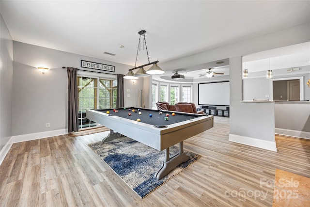10452 Quiet Bay Ct, Charlotte, NC 28278 - game room with billiards table, baseboards, light wood-type flooring, and ceiling fan