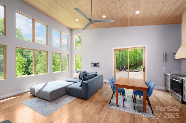 83 Mount Airy Rd, Marshall, NC 28753 - dining space with wood ceiling, recessed lighting, a ceiling fan, light wood-type flooring, and a towering ceiling