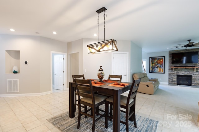 dining space with recessed lighting, ceiling fan, visible vents, and light tile patterned flooring